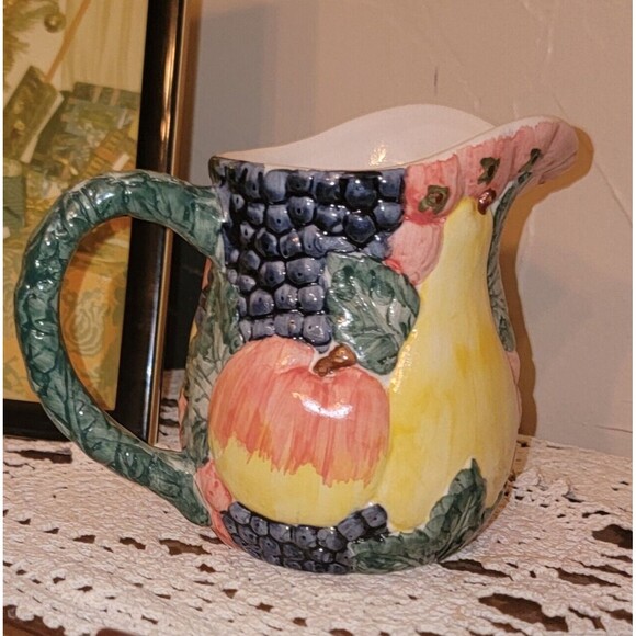 High Relief Pottery Creamer Colorful Farm Fruits Veg 80s 90s FLOWERS INC. VTG - Picture 3 of 14